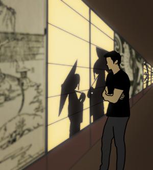 障子に映し出された影絵の前に立つ人のイラスト