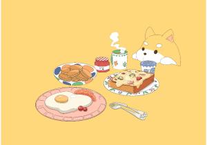柴犬がピザトーストなどのごはんを眺めているイラスト