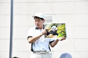 パンダの写真を見せながら説明するアドベンチャーワールドの職員