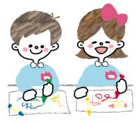 お絵描きをする男児と女児の園児のイラスト