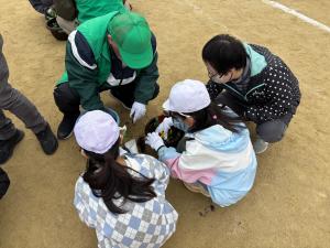 岸和田駅東地区景観まちづくり協議会と児童が植込み作業している様子
