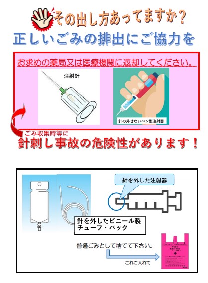 在宅医療廃棄物の注射針やペン型注射器はお求めの薬局又は医療機関に返却してください。