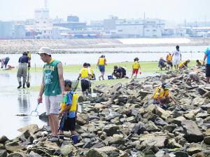 干潟で生き物を探す参加者の様子