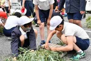 ブロックの穴に竹の枝葉を詰める児童たち