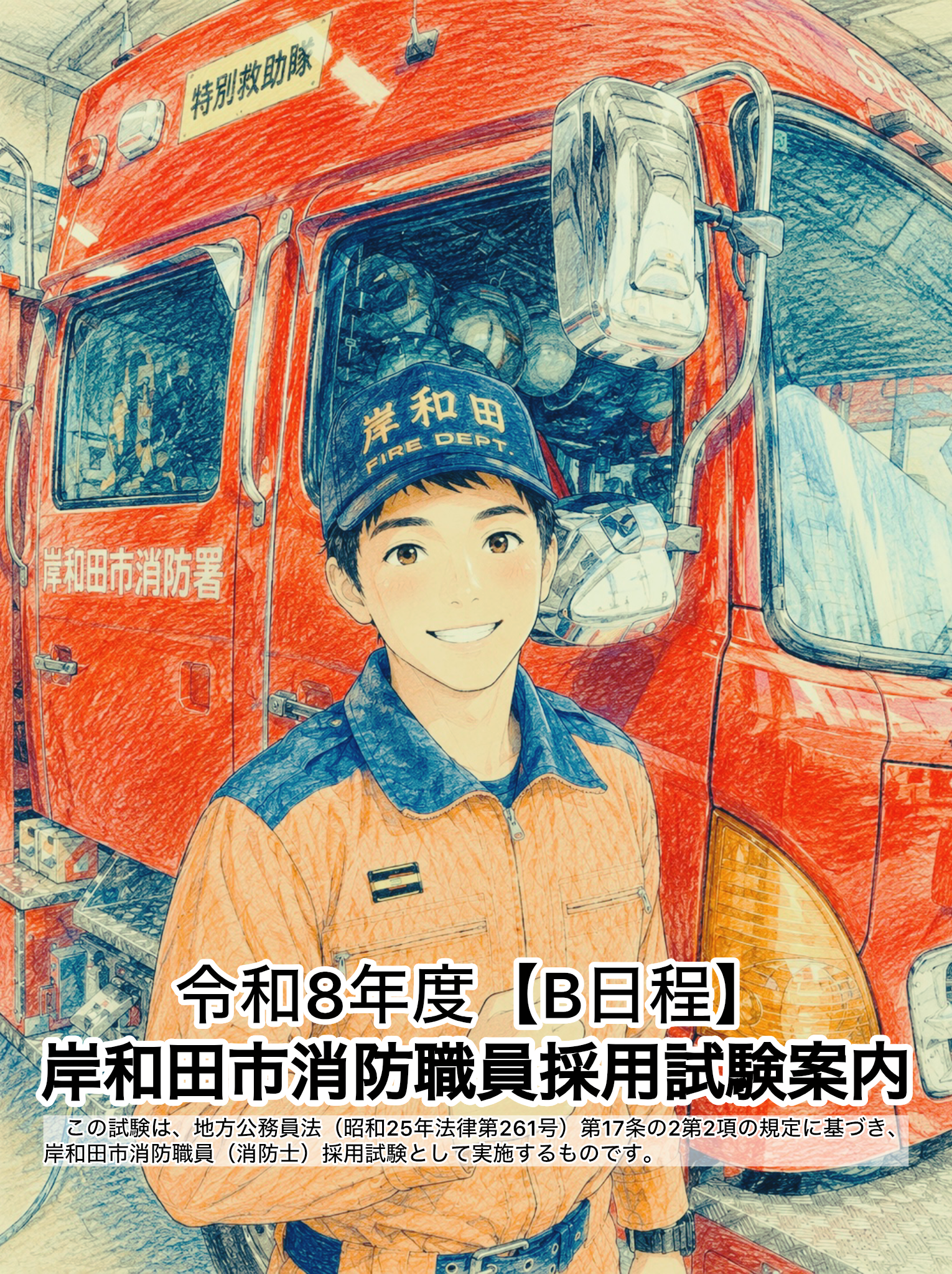 消防職員採用案内の画像で男性消防士1名が消防車の前に立っている絵