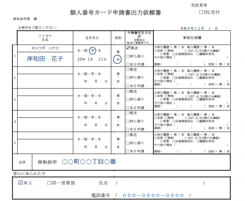 申請書出力依頼書の記載例