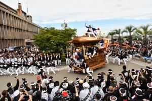 こなから坂を上がり、やりまわしをきめる宮本町のだんじり